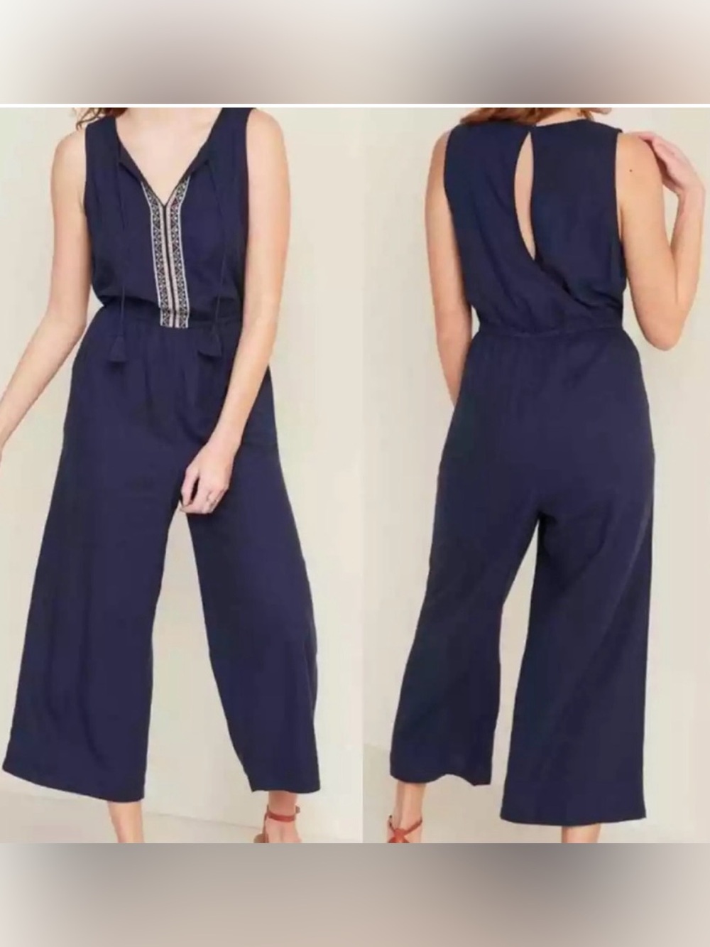 Navy Blue Linen Blend Embroidered Boho Jumpsuit Cropped Wide Leg Sz Sm